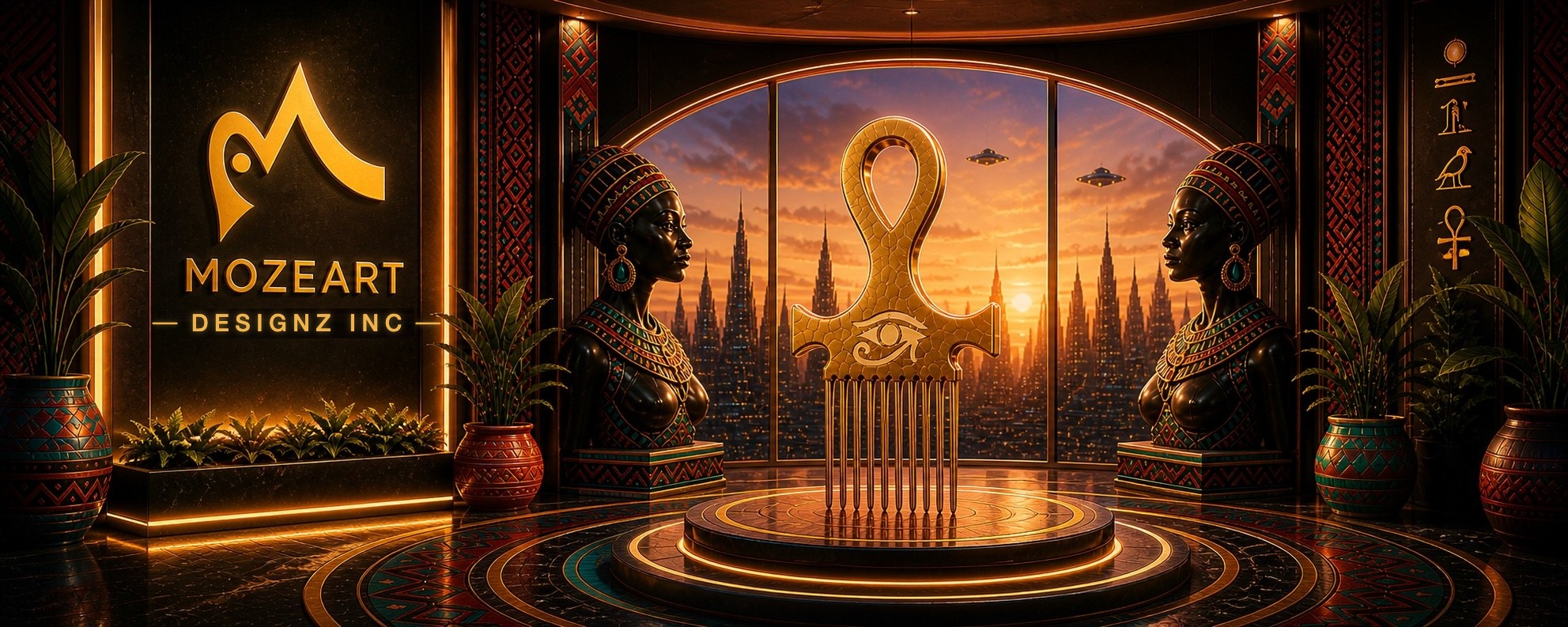 Kemetic Healing Comb enshrined in an Afrofuturist temple with the Mozeart Designz logo