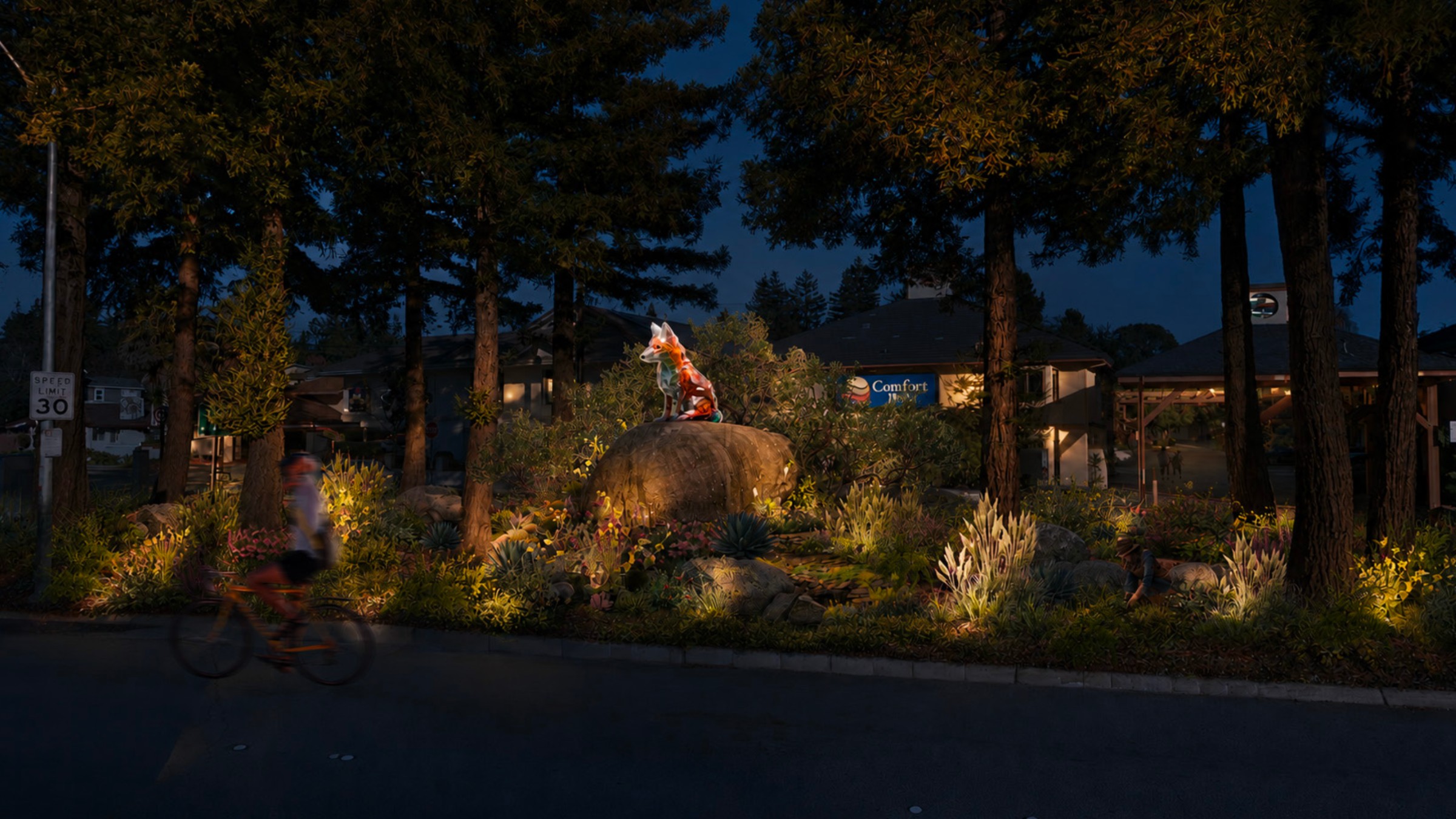 Night render: illuminated faceted fox perched on a boulder among uplit native planting