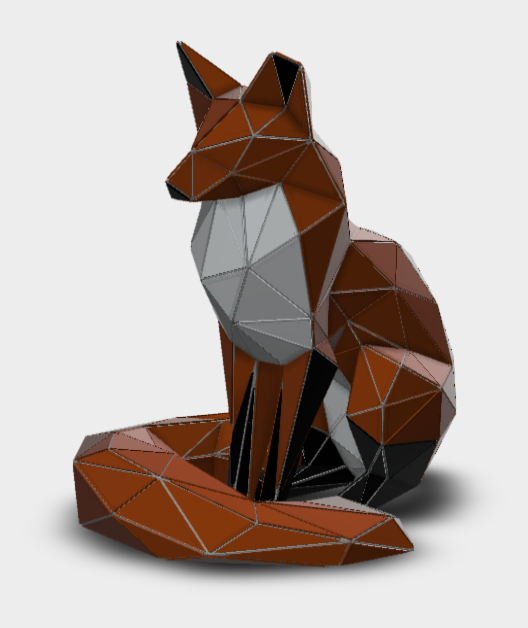 Faceted low-polygon fox sculpture render, seated with tail curled