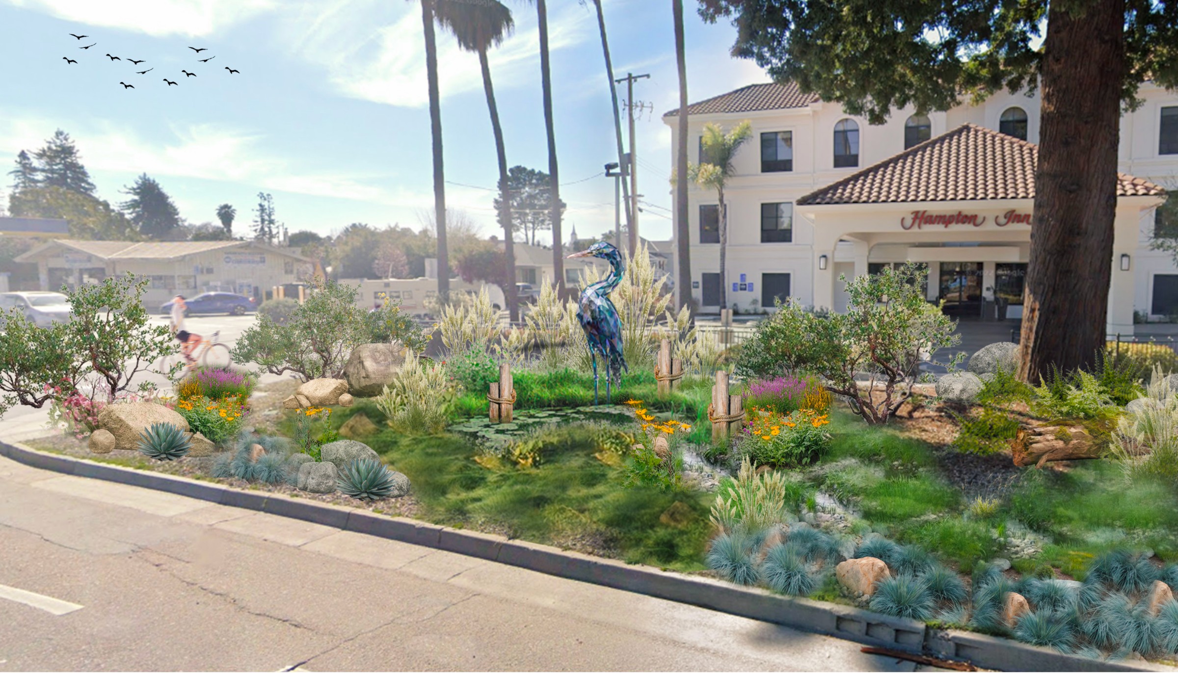 Daytime render: faceted glass heron standing in the planted Ocean Street median