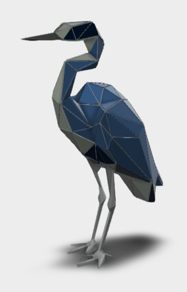 Faceted low-polygon great blue heron sculpture render, standing tall